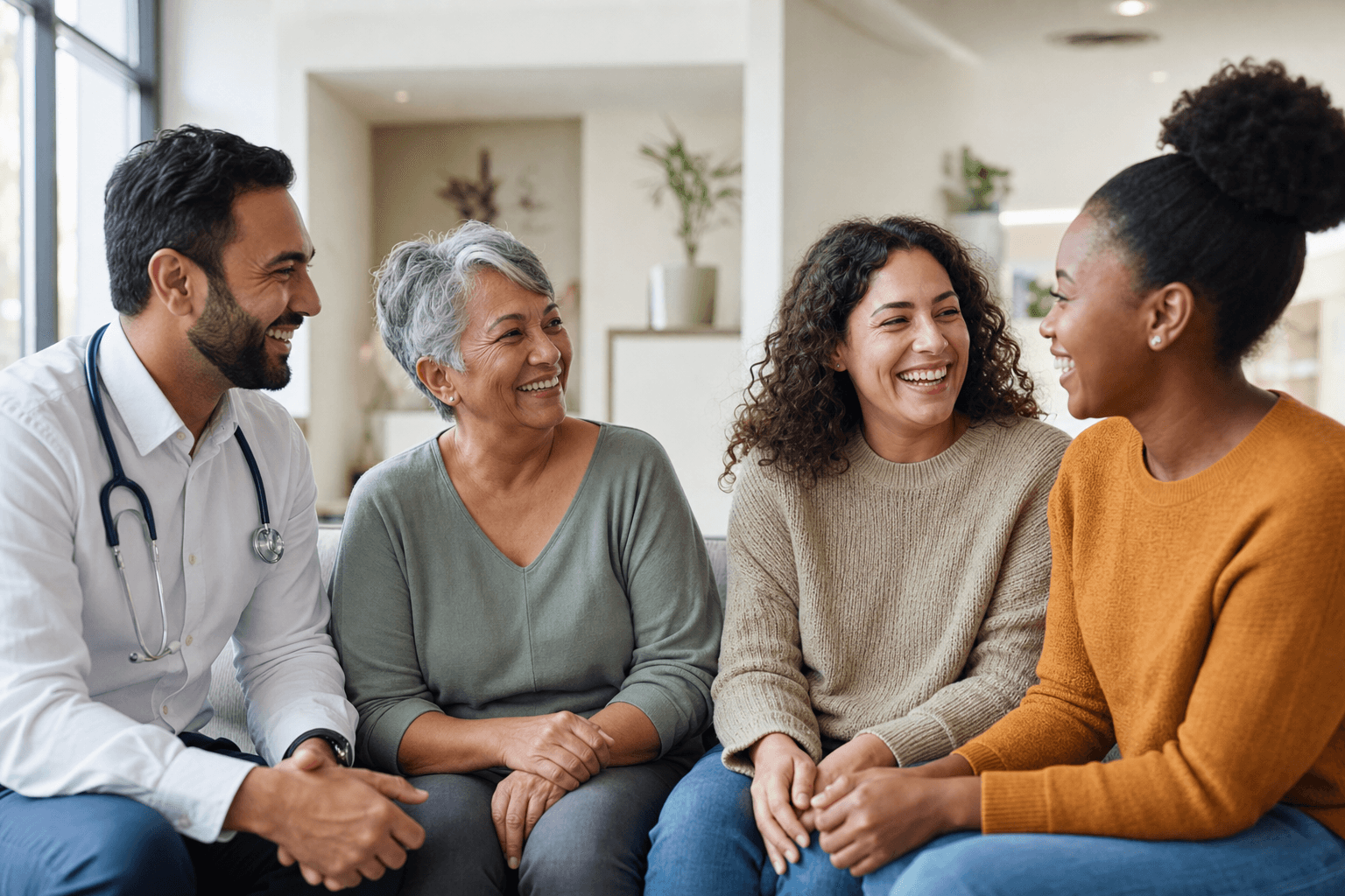 A physician and community members talking and smiling together